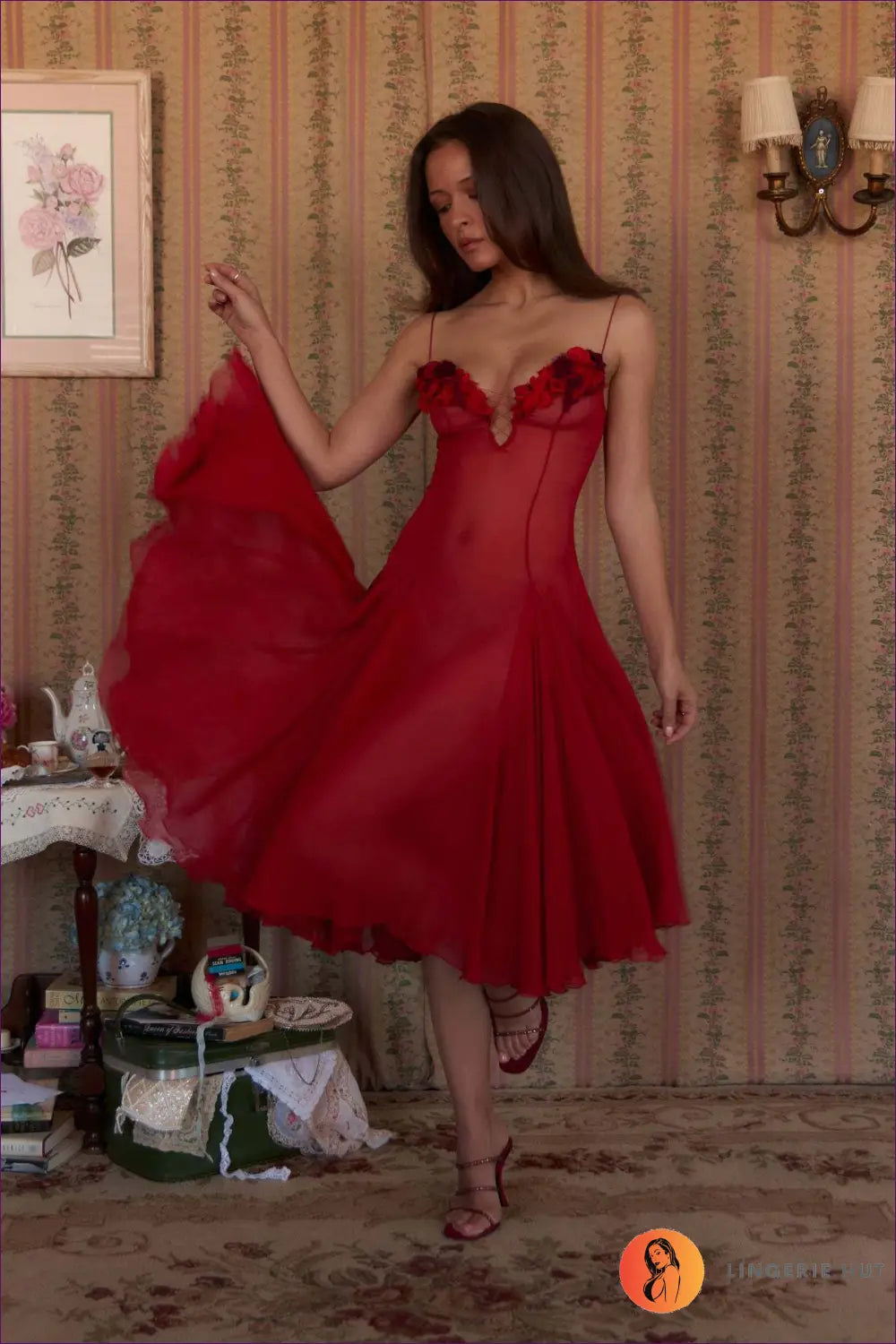 Floral Trim Slip Dress with Lace-up Bust - Garden Romance - s / Red - Casual • Dresses • Everyday • just in - Lingerie