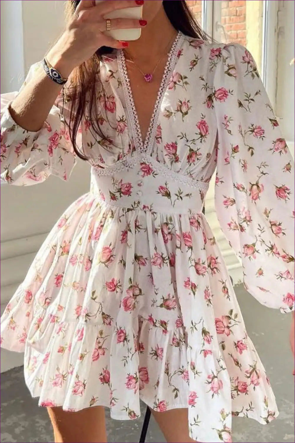 Floral V-neck Dress with Balloon Sleeves - Cottage Core for a Line, Boho, Casual, Everyday,