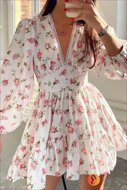 Floral V-neck Dress with Balloon Sleeves - Cottage Core for a Line, Boho, Casual, Everyday,