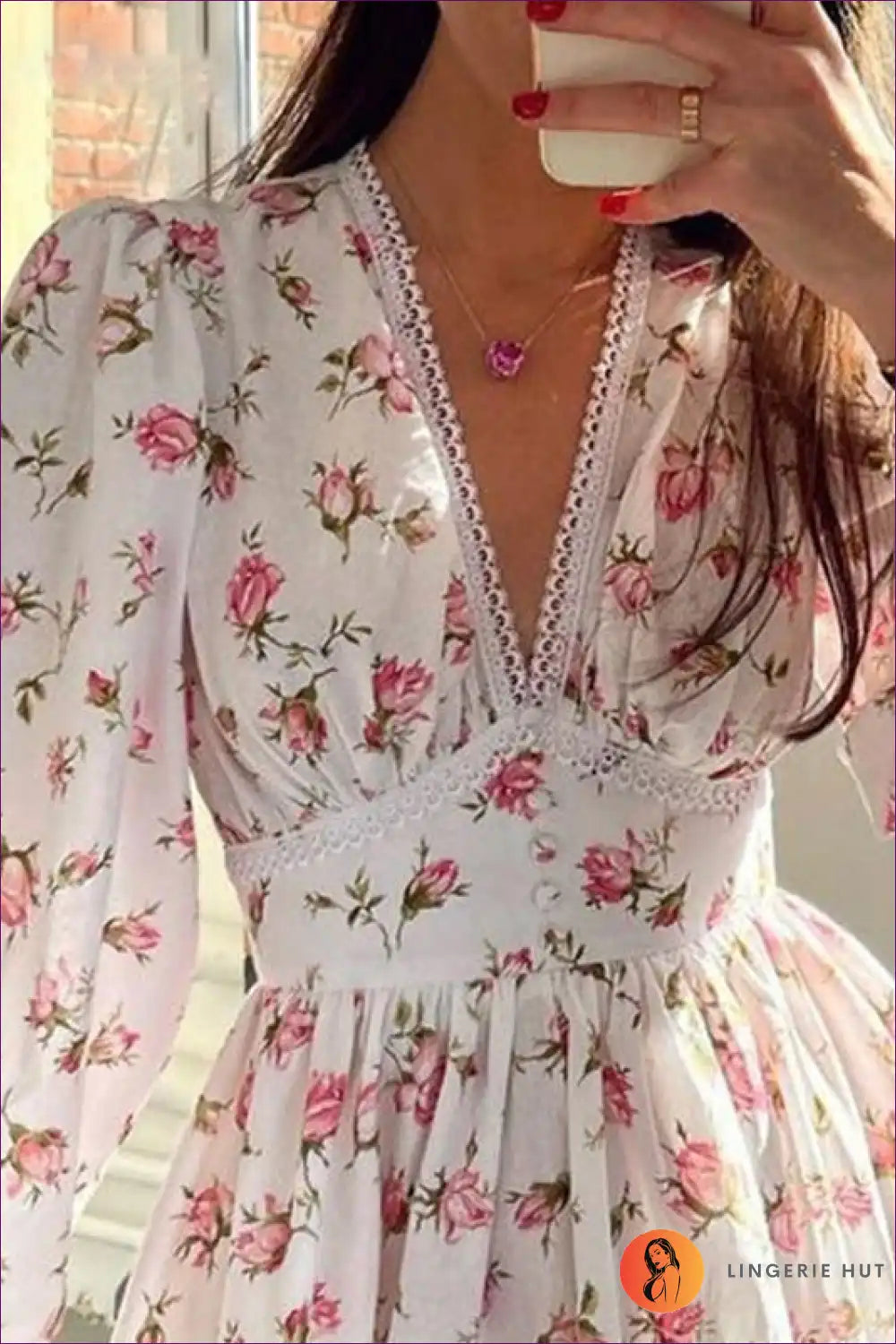 Floral V-neck Dress with Balloon Sleeves - Cottage Core for a Line, Boho, Casual, Everyday,