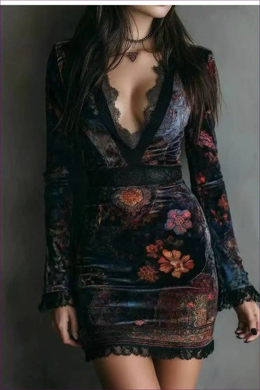 Floral Velvet Mini Dress with Lace Trim Detail for Autumn, Evening Wear, Floral, Formal