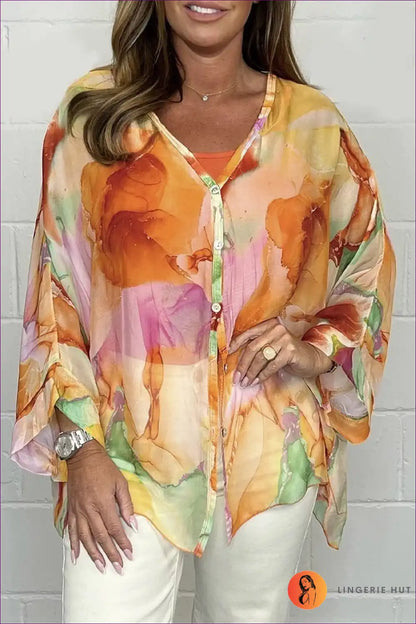 Flowy Watercolor Blouse ?? Breezy Elegance in Soft Pastels for Boho, Casual, Everyday, N, Polyester