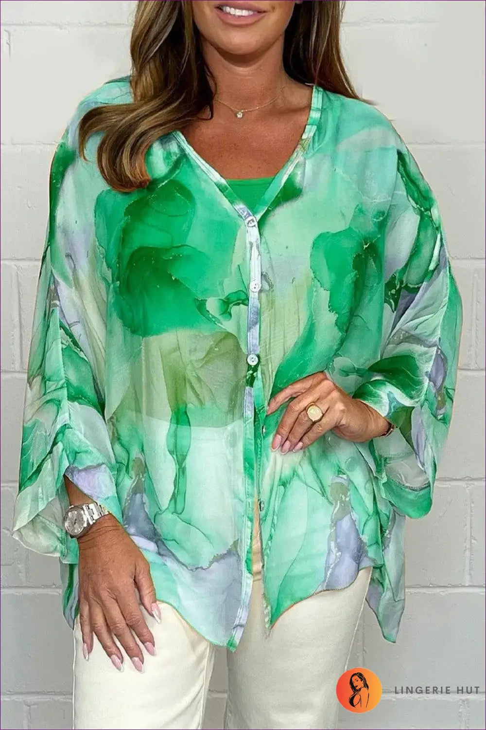 Flowy Watercolour Blouse - Effortless Summer Cool - s / Green - Top - Shirts - Lingerie Hut - Boho • Casual • Chiffon