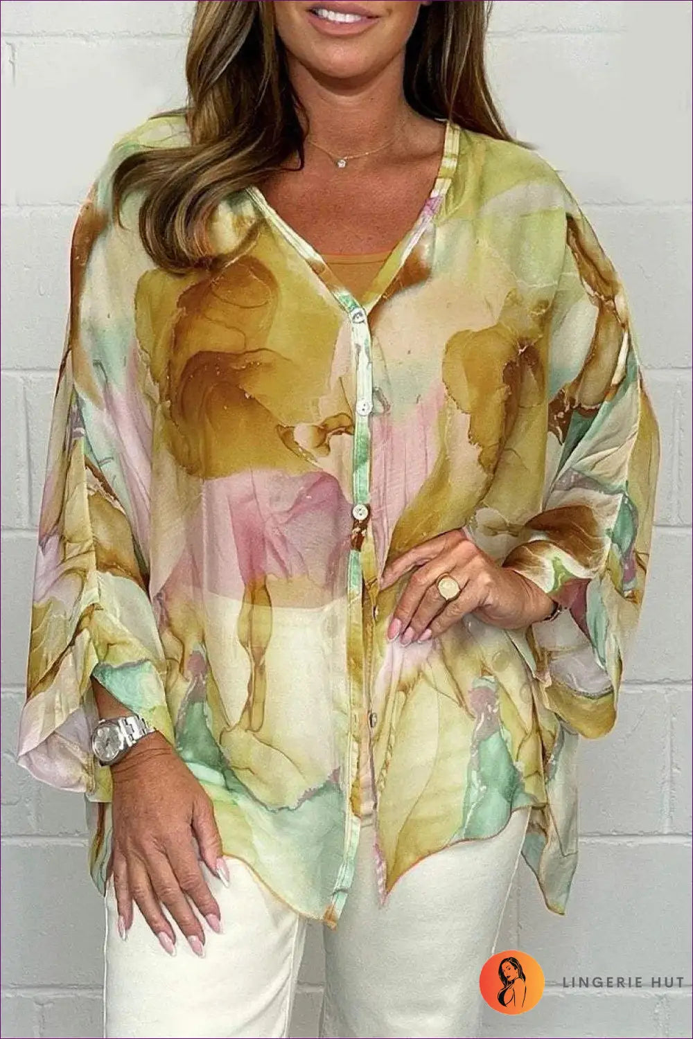 Flowy Watercolour Blouse - Effortless Summer Cool - s / Yellow - Top - Shirts - Lingerie Hut - Boho • Casual • Chiffon