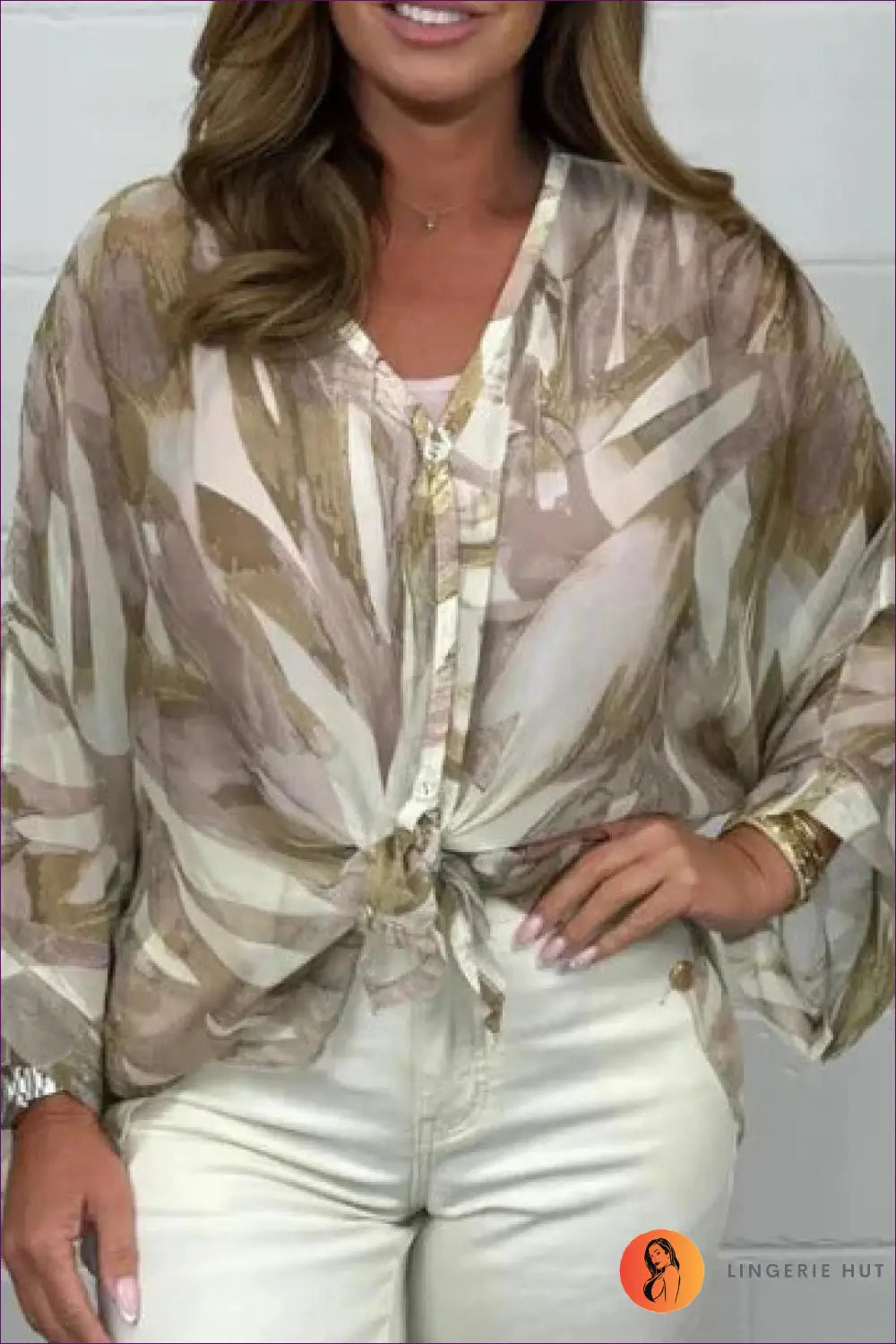 Flowy Watercolour Blouse - Effortless Summer Cool - s / Khaki - Top - Shirts - Lingerie Hut - Boho • Casual • Chiffon