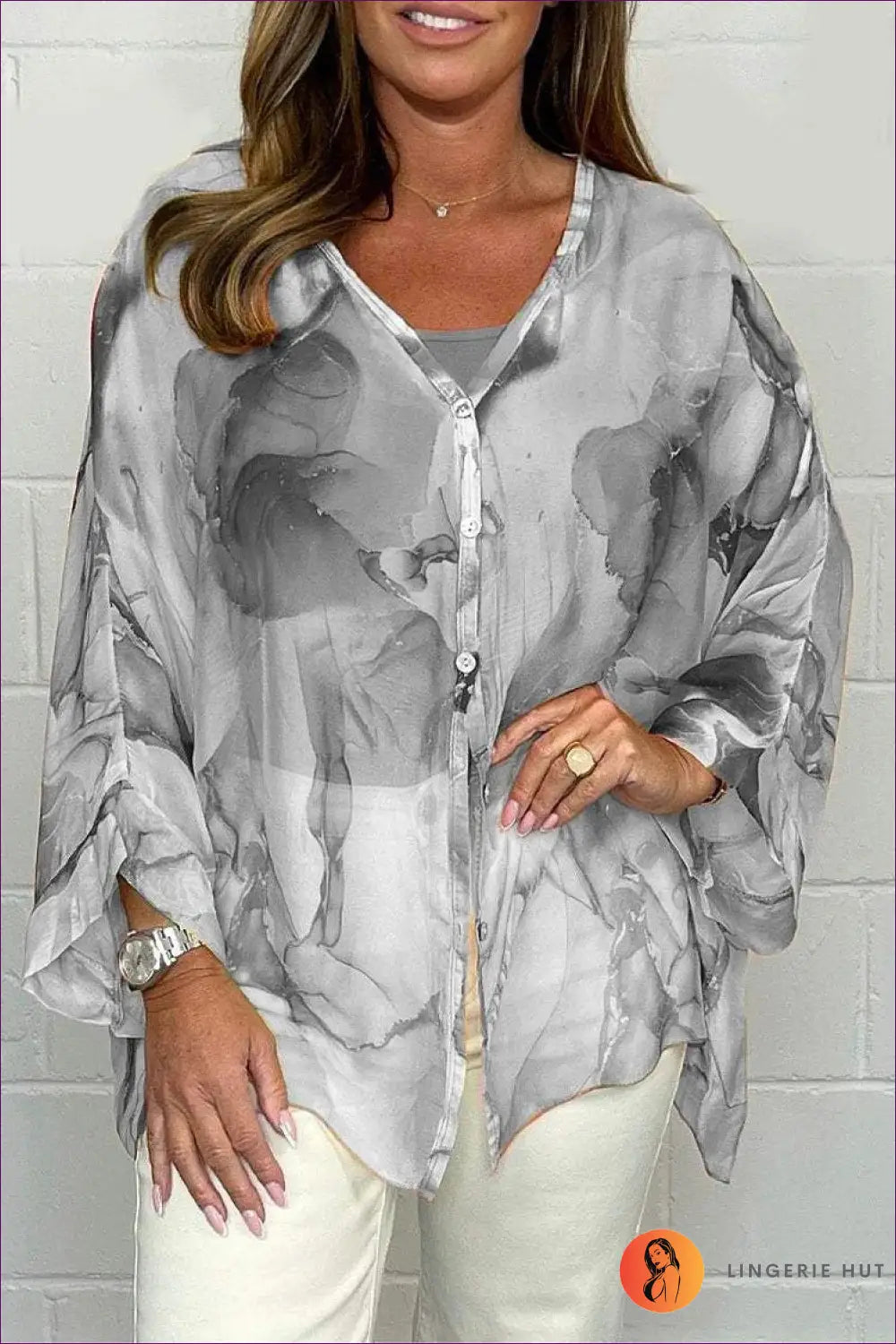 Flowy Watercolour Blouse - Effortless Summer Cool - s / Gray - Top - Shirts - Lingerie Hut - Boho • Casual • Chiffon