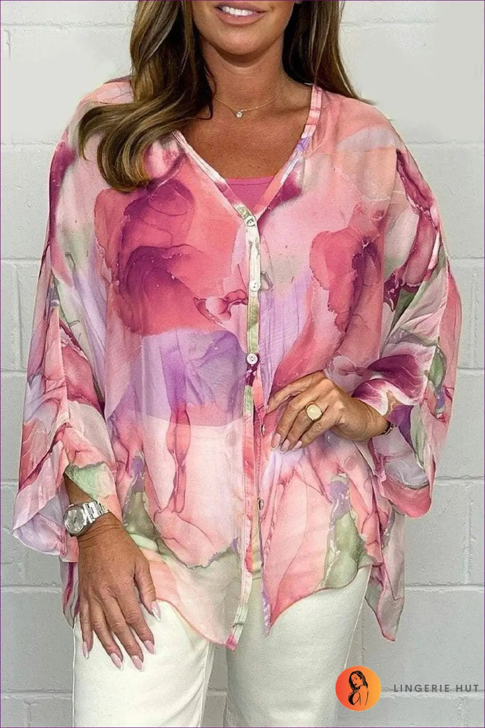 Flowy Watercolour Blouse - Effortless Summer Cool - s / Pink - Top - Shirts - Lingerie Hut - Boho • Casual • Chiffon