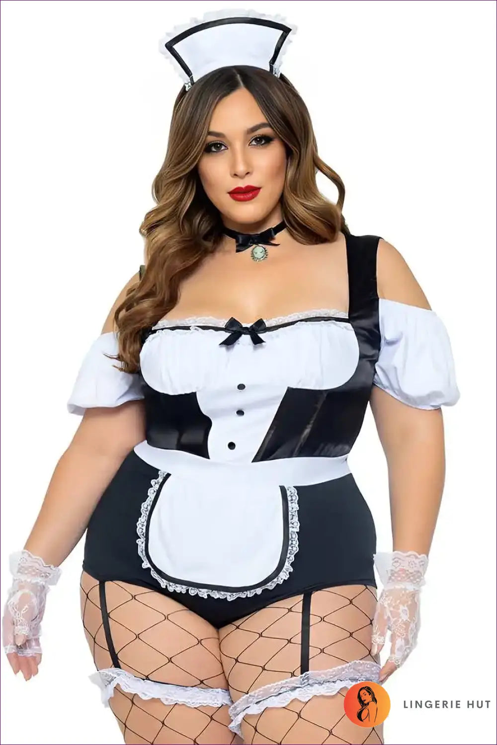 French Maid Costume with Cameo Choker Collar - Classic Elegance - 01 / Xxl - just in • Party • Role Play - Lingerie Hut