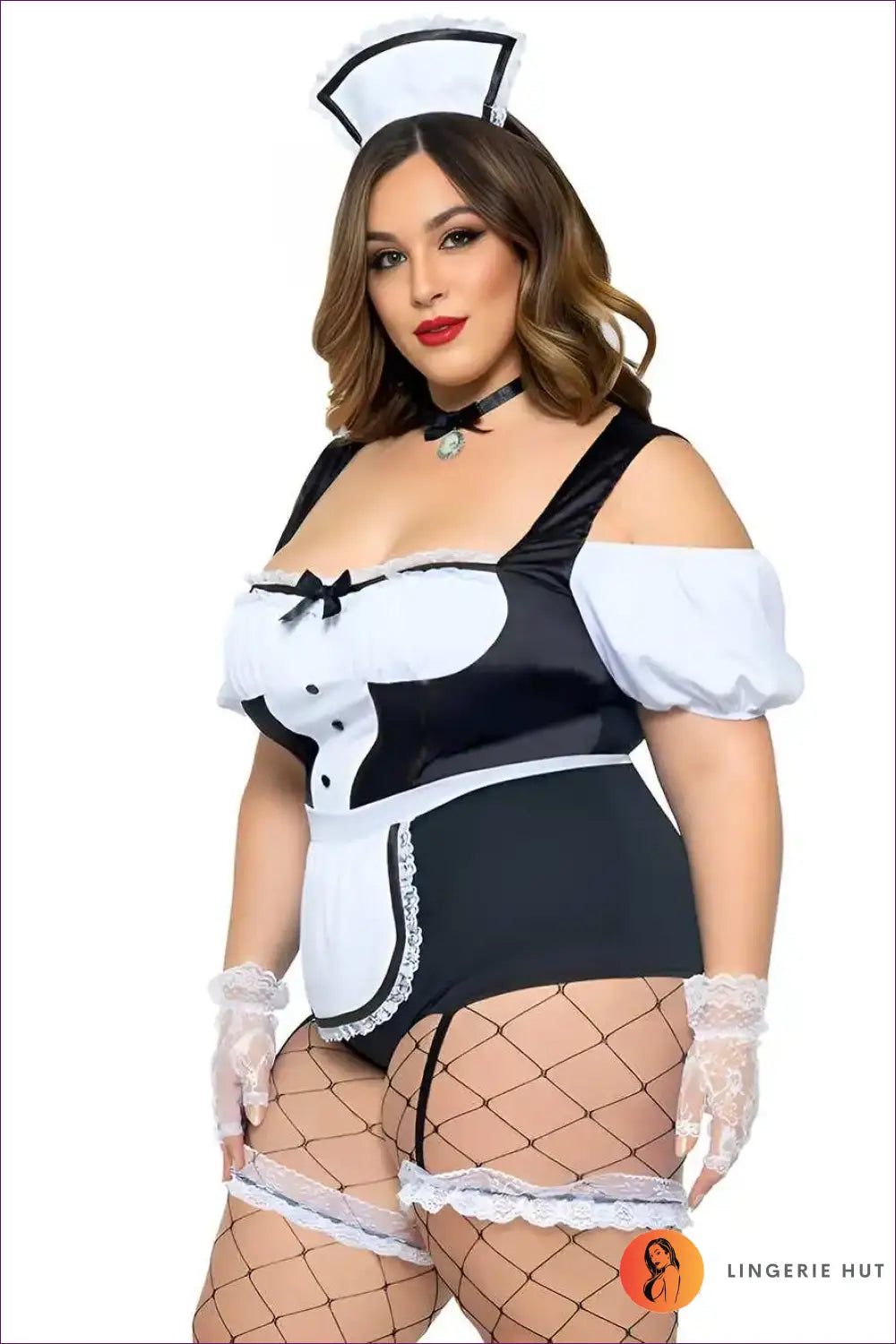 French Maid Costume with Cameo Choker Collar - Classic Elegance - 01 / Xxl - just in • Party • Role Play - Lingerie Hut