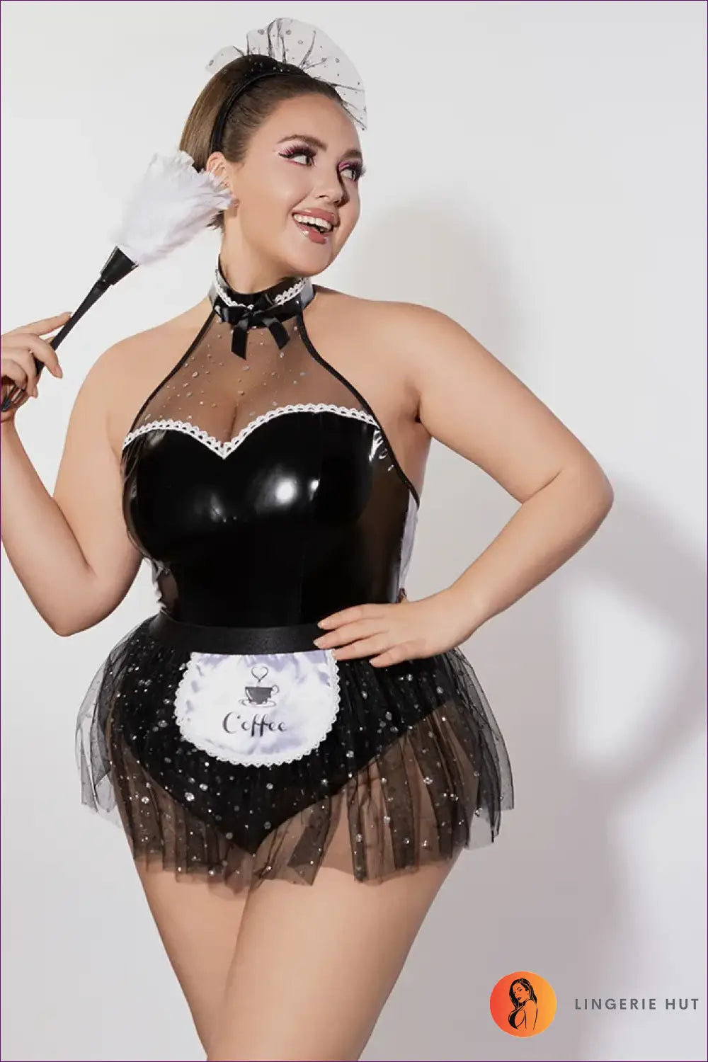French Maid Costume with Coffee Apron Patch - Playful Charm - 01 / Xxl - just in • Party • Role Play - Lingerie Hut