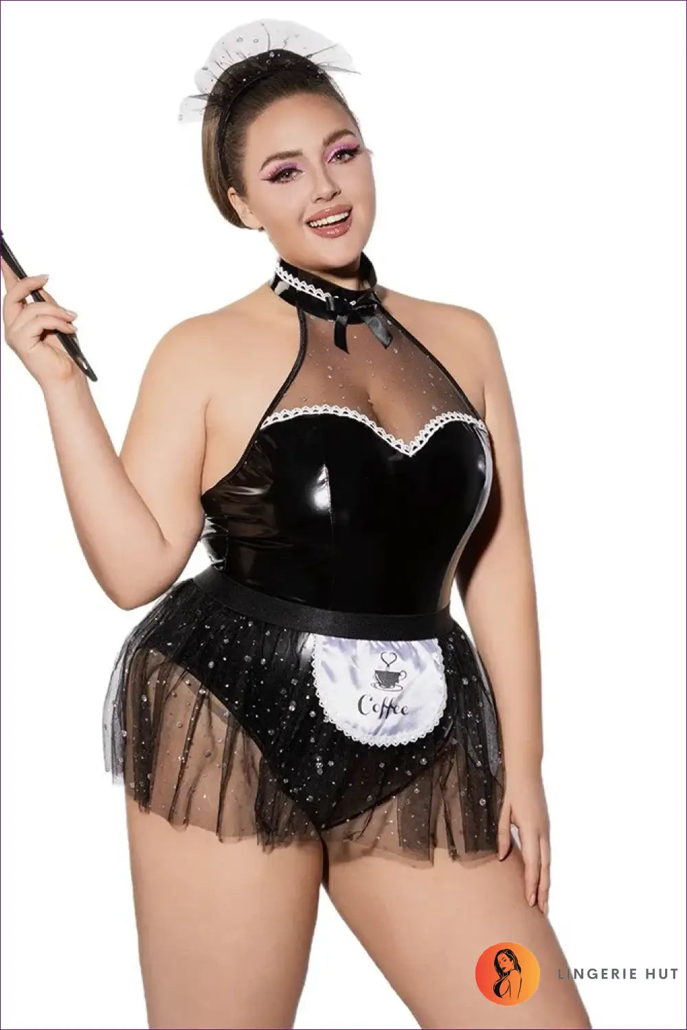 French Maid Costume with Coffee Apron Patch - Playful Charm - 01 / Xxl - just in • Party • Role Play - Lingerie Hut