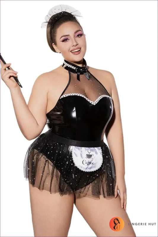 French Maid Costume with Coffee Apron Patch - Playful Charm - 01 / Xxl - just in • Party • Role Play - Lingerie Hut