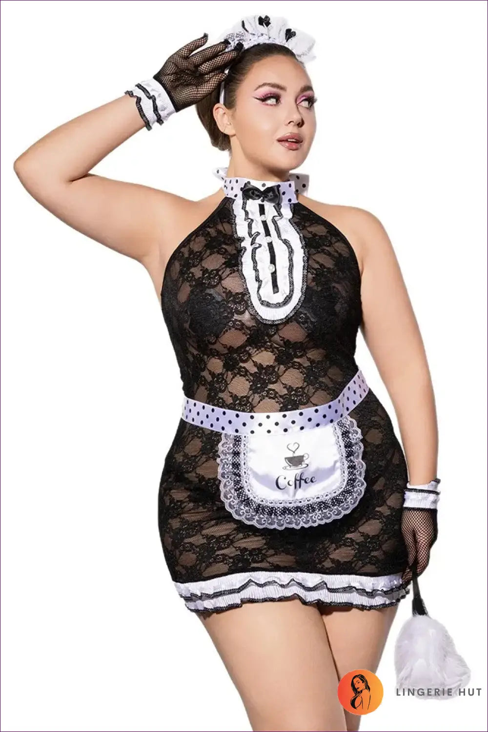 French Maid Costume with Fishnet Glove Set - Classic Charm - 01 / Xxl - just in • Party • Role Play - Lingerie Hut