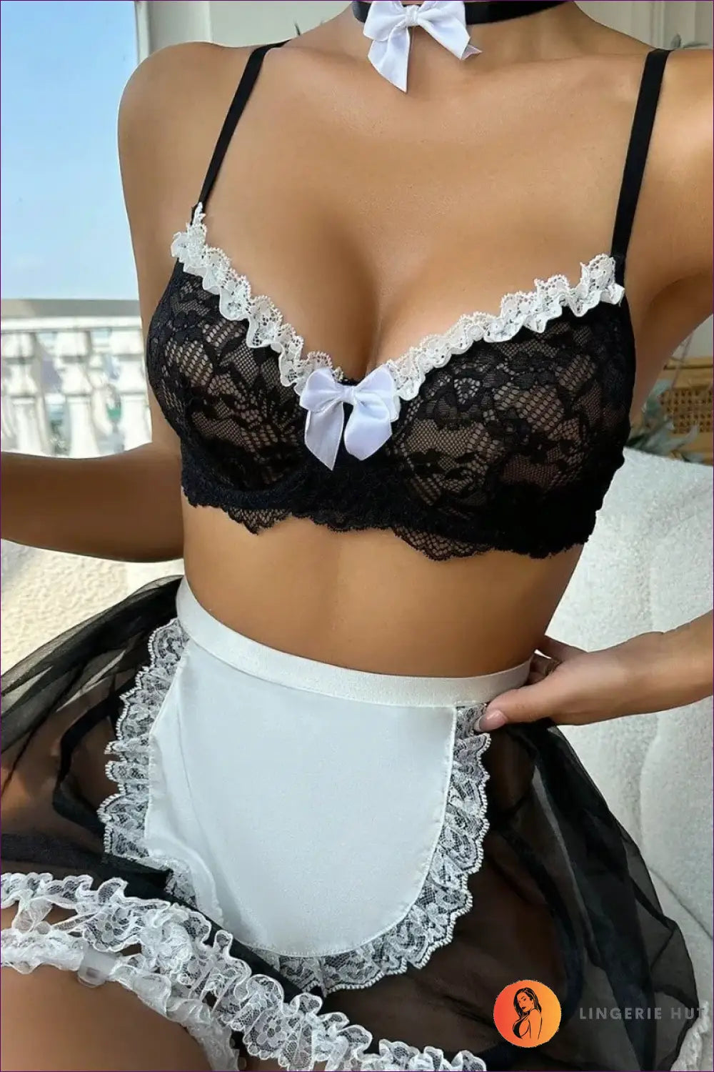 French Maid Costume with Lace Apron - Fantasy Roleplay Ready - Black / one Size - Outfit Set - Lingerie Hut - Boudoir