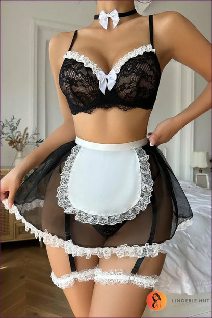 French Maid Costume with Lace Apron - Fantasy Roleplay Ready - Black / one Size - Outfit Set - Lingerie Hut - Boudoir