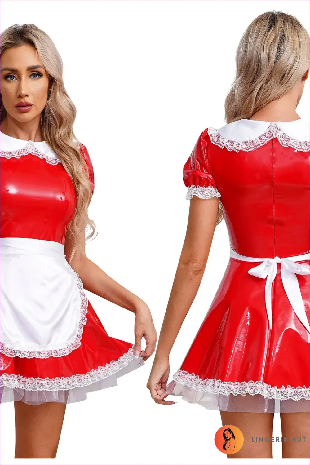 French Maid Costume with Lace Apron - Playful Confidence - Red / s - Outfit Set - Lingerie Hut - A-line • Clubwear