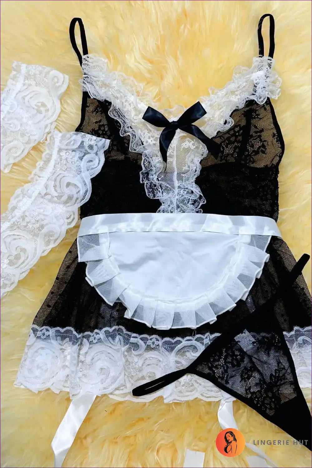French Maid Costume with Lace Apron and Sheer Panels - Bedroom Drama for Boudoir, Costume, Evening Wear,