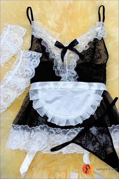 French Maid Costume with Lace Apron and Sheer Panels - Bedroom Drama for Boudoir, Costume, Evening Wear,