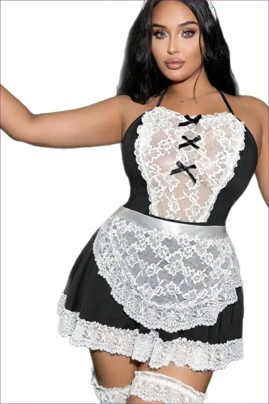 French Maid Costume with Lace Bib Bodysuit - Playful Elegance - just in • Party • Role Play - Lingerie Hut