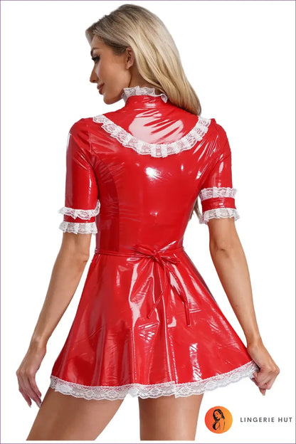 French Maid Costume with Lace Ruffle Zip Front - Statement Service - just in • Party • Role Play - Lingerie Hut