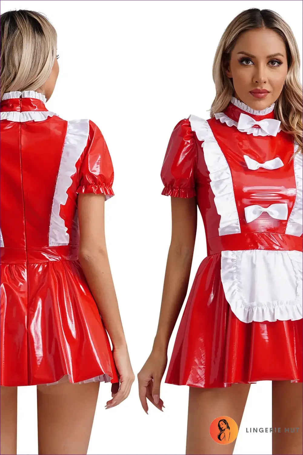 French Maid Costume with Lace Ruffle Zip Front - Statement Service - Red a / s - just in • Party • Role Play - Lingerie