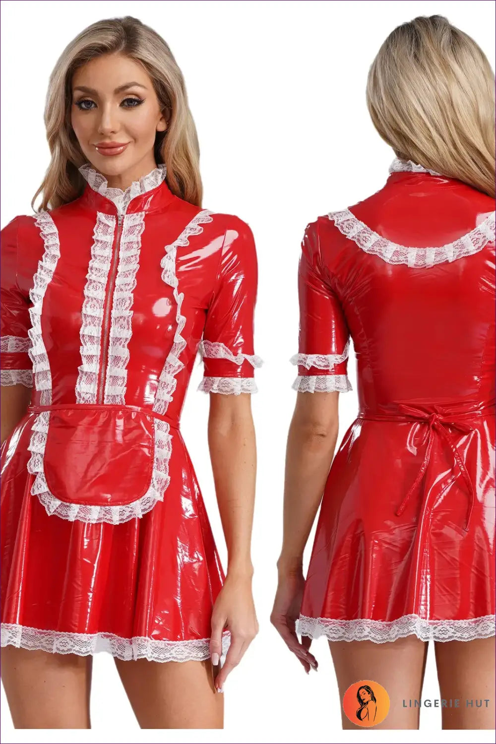 French Maid Costume with Lace Ruffle Zip Front - Statement Service - Red b / s - just in • Party • Role Play - Lingerie