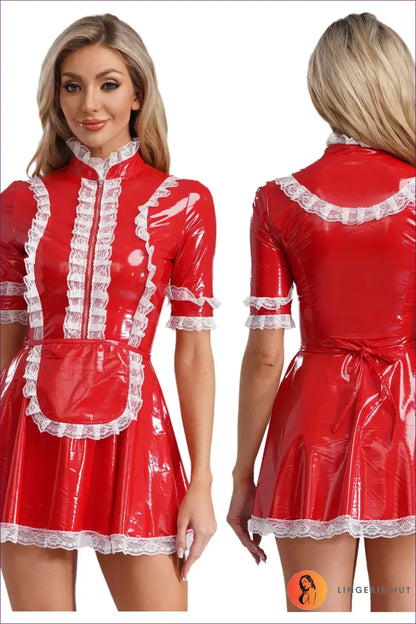 French Maid Costume with Lace Ruffle Zip Front - Statement Service - Red b / s - just in • Party • Role Play - Lingerie