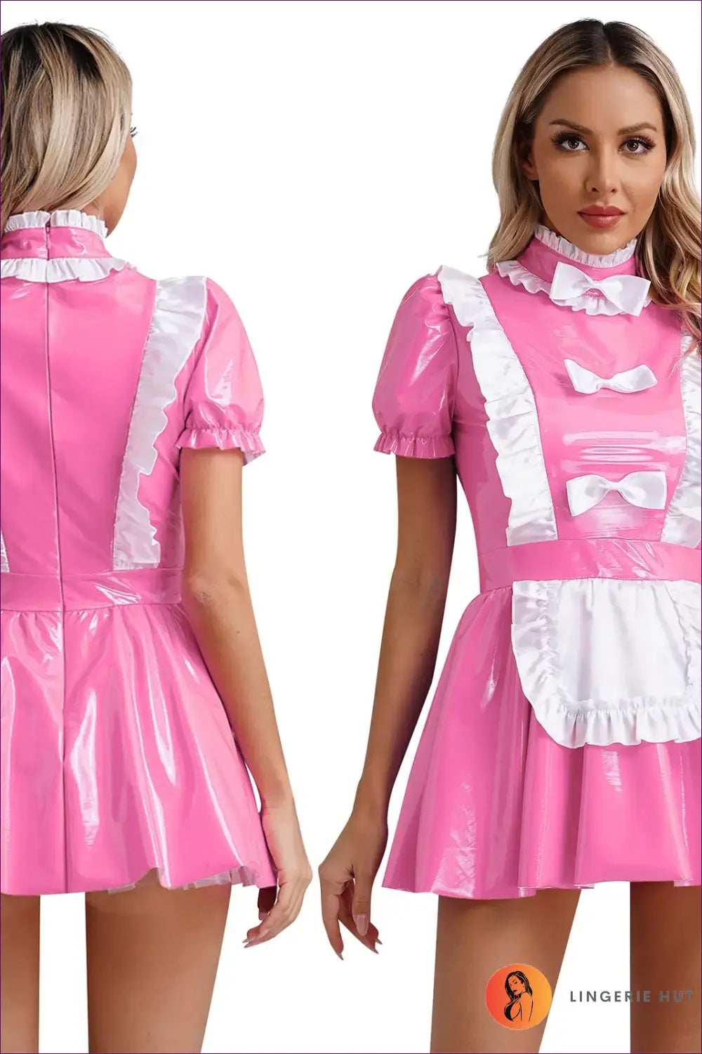 French Maid Costume with Lace Ruffle Zip Front - Statement Service - Pink a / s - just in • Party • Role Play