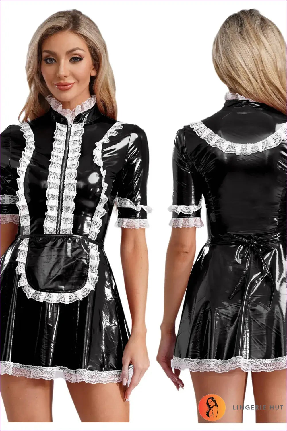 French Maid Costume with Lace Ruffle Zip Front - Statement Service - Black b / s - just in • Party • Role Play