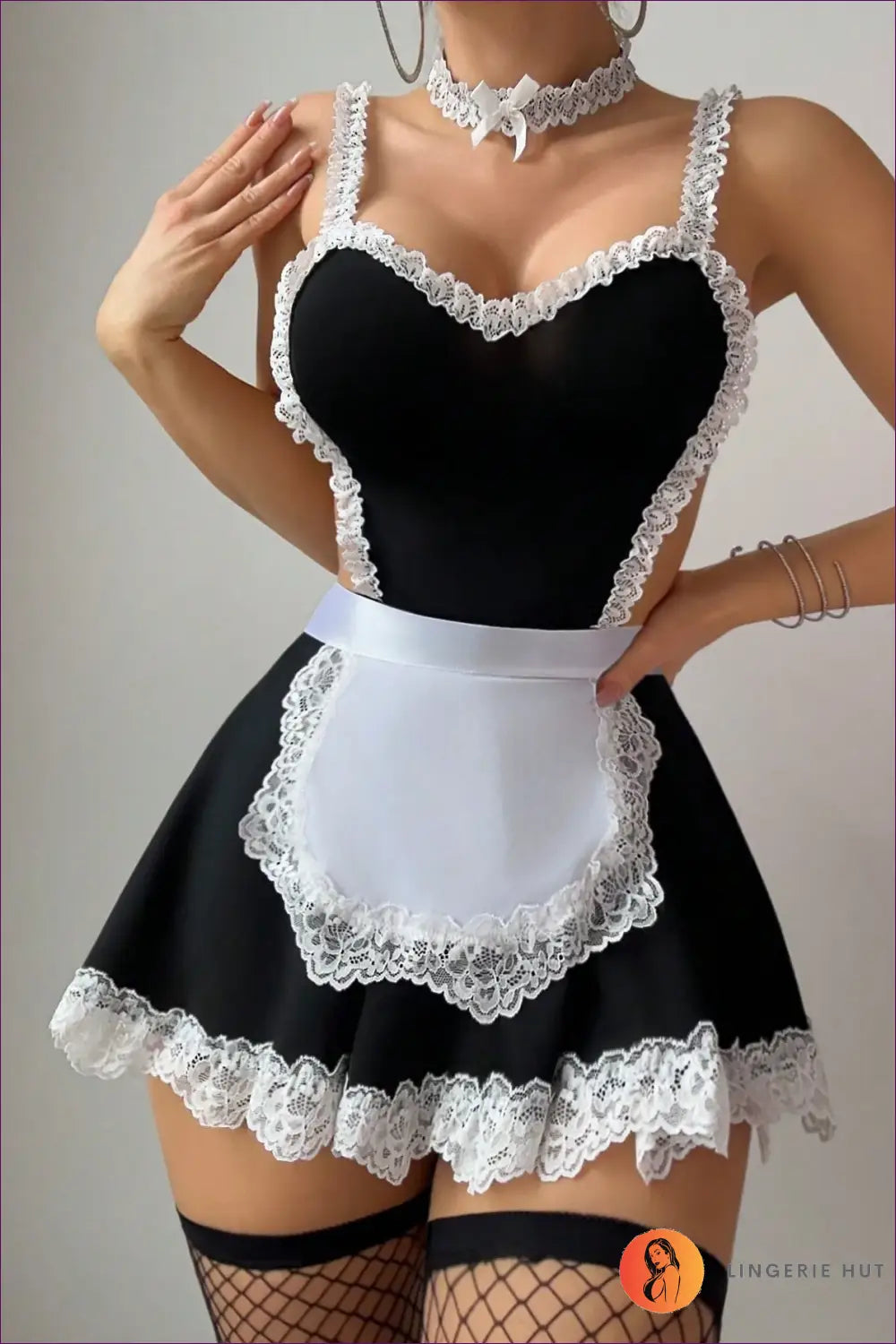 French Maid Costume with Lace Trim and Choker - Playful Discipline - Black / s - Lingerie Hut - Boudoir • Evening Wear