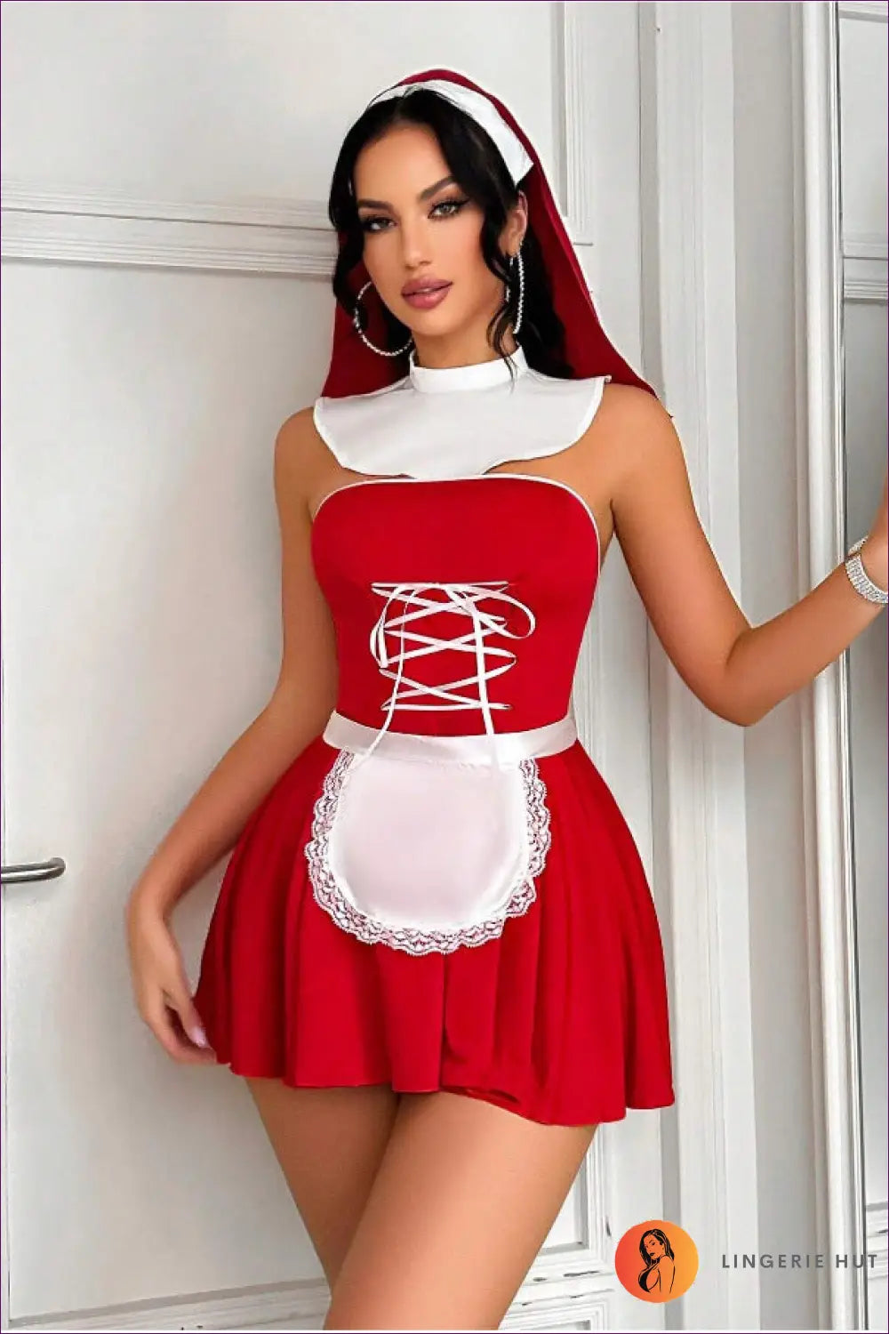 Maid Costume - Vintage Club Edit - s / Red - Bra Set - Clubwear • Cutout • Lace • Lingerie Hut