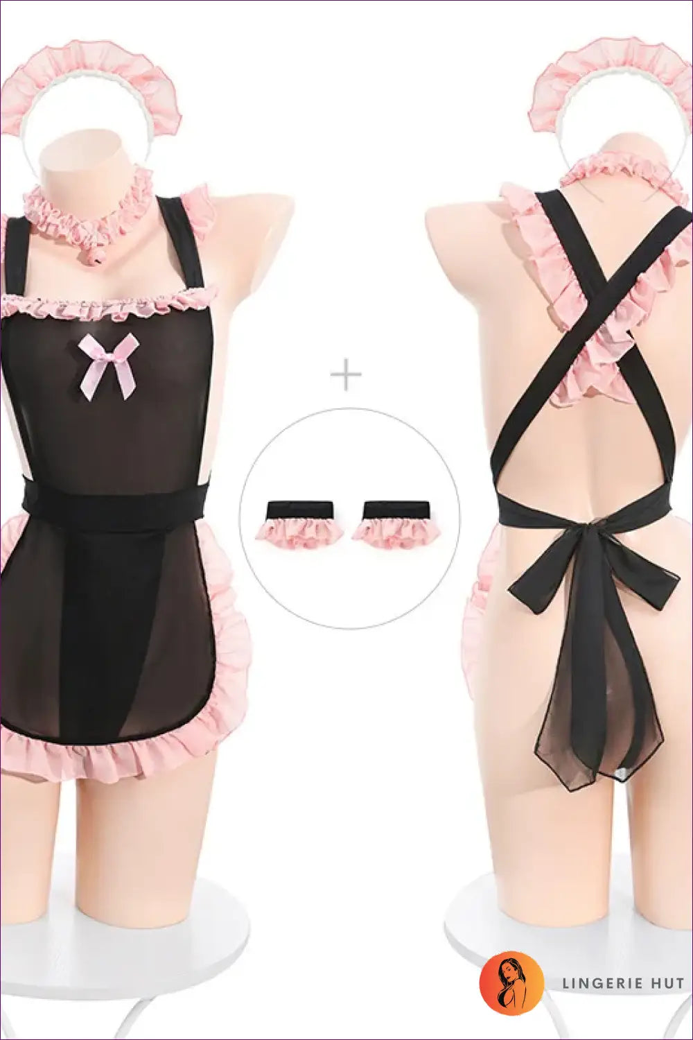 French Maid Costume with Pink Ruffles - no Stockings / 40-65kg - Outfit Set - Mini • Night in • Party - Lingerie Hut