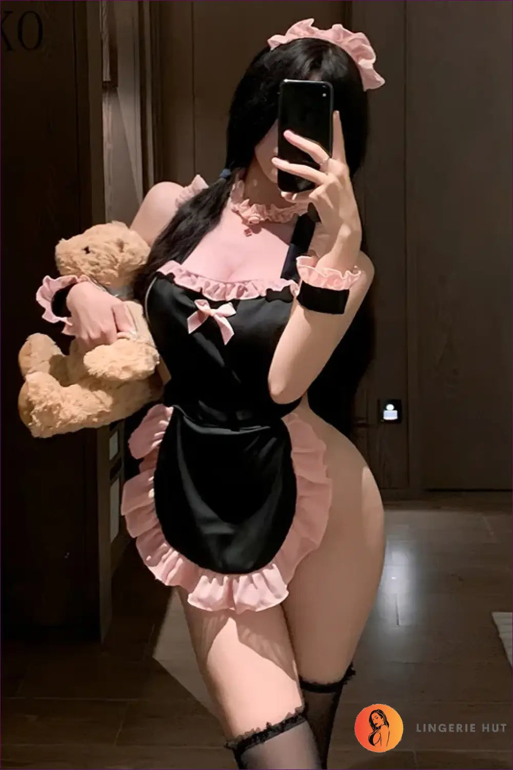 French Maid Costume with Pink Ruffles - Outfit Set - Mini • Night in • Party - Lingerie Hut