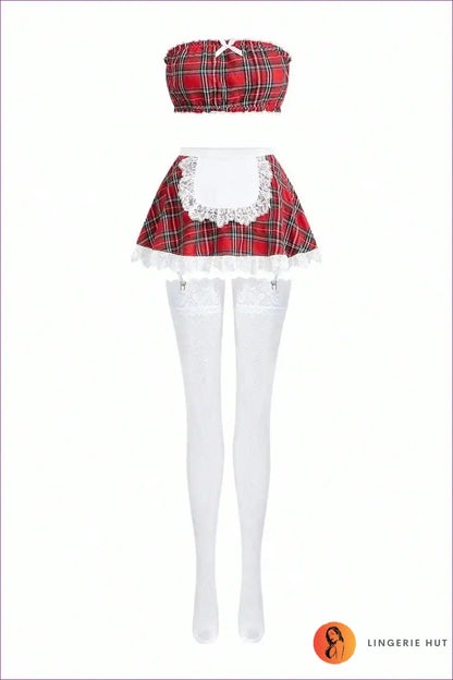 French Maid Costume with Plaid Skirt and Apron - Playful Sweetness for Choker, Costume, just In, Lace,