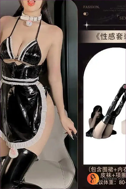 French Maid Costume with Pu Open Crotch Detail - Bold Halloween Choice for Clubwear, Costume, Cutout,