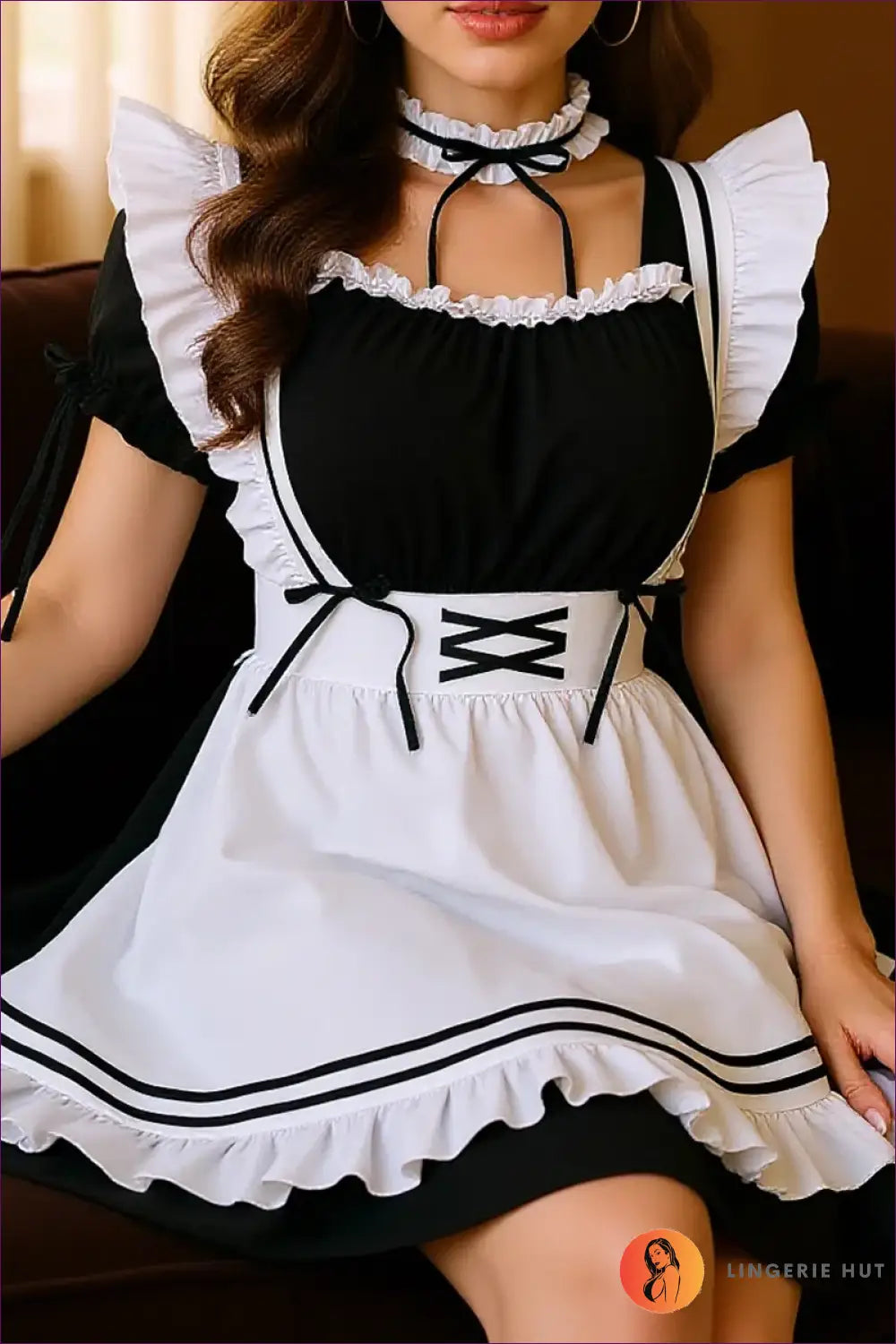French Maid Costume with Ruffle Bib Collar - Devoted Darling - just in • Party • Role Play - Lingerie Hut
