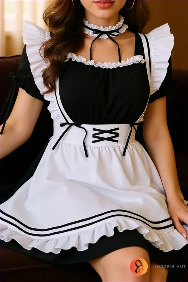 French Maid Costume with Ruffle Bib Collar - Devoted Darling