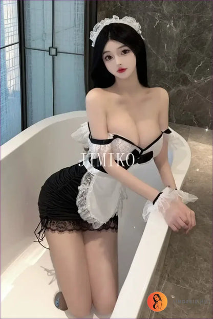 French Maid Costume Set - Anime Fantasy Mood Party-ready - Outfit - Lingerie Hut - A-line • Boudoir • Lace