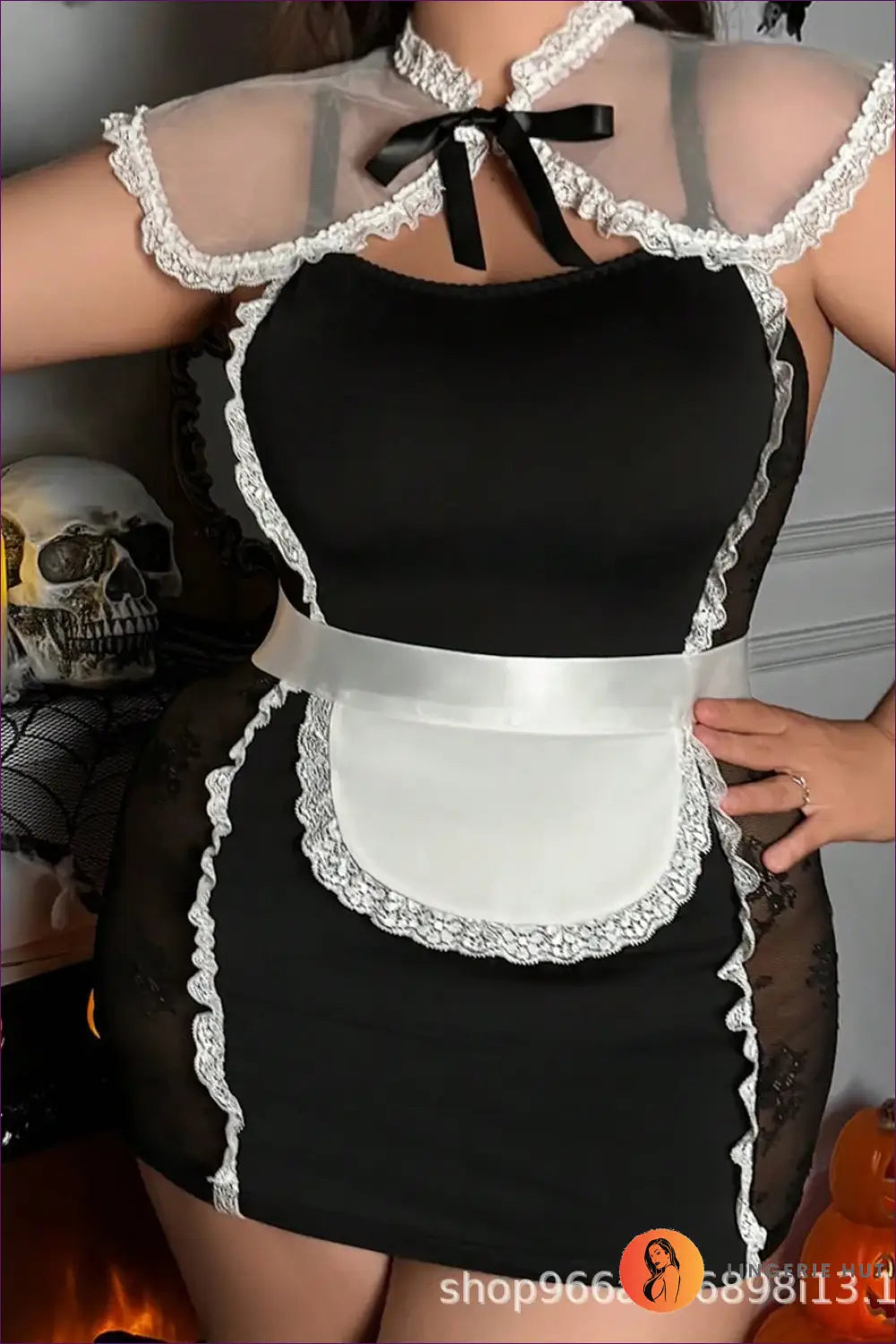 French Maid Costume with Sheer Cape Collar - Classic Elegance - just in • Party • Role Play - Lingerie Hut