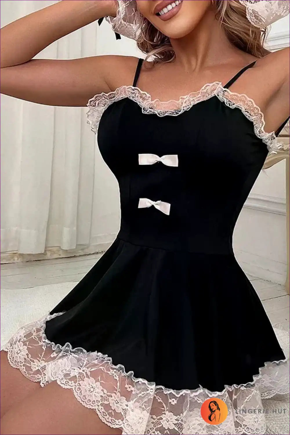 French Maid Costume with Sheer Lace Trim - Bedroom Confidence for Backless, Boudoir, Costume, Floral,