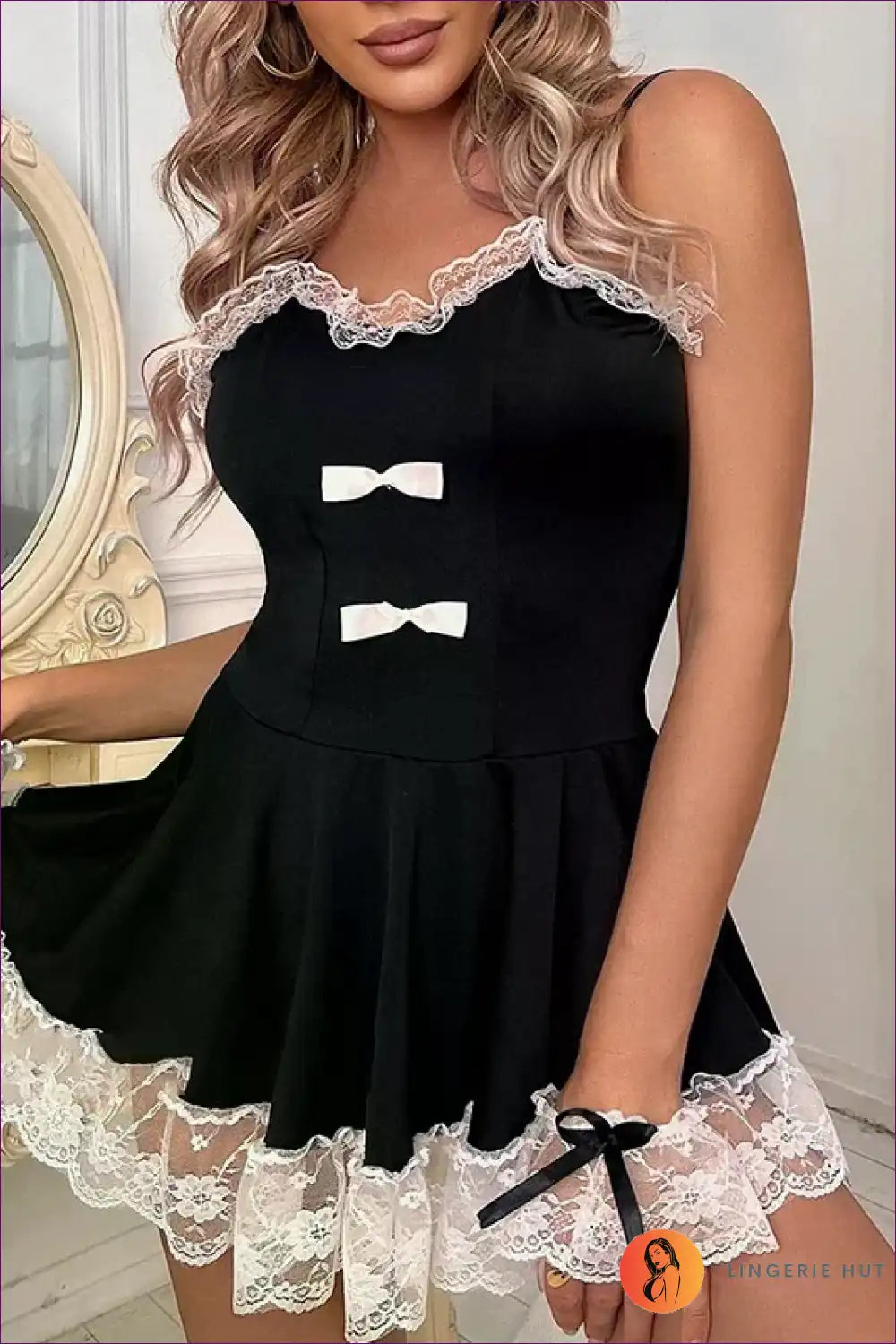 French Maid Costume with Sheer Lace Trim - Bedroom Confidence for Backless, Boudoir, Costume, Floral,