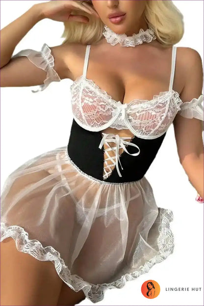 French Maid Costume with Sheer Skirt - Fantasy Roleplay Ready - Corset - Lingerie Hut - Boudoir • Evening Wear • Lace