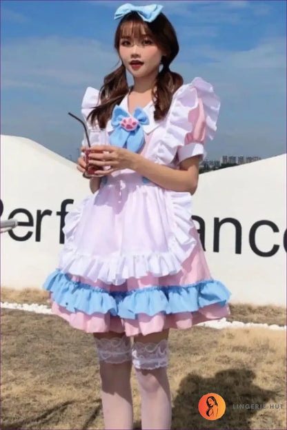 French Maid Costume with White Apron - Playful Role Play - Kytf6c107-pink / s - Boudoir • Halloween