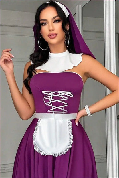 French Maid Lingerie Set with Lace Up Tie Details - Vintage Style for Boudoir, Clubwear, Costume, Lace,