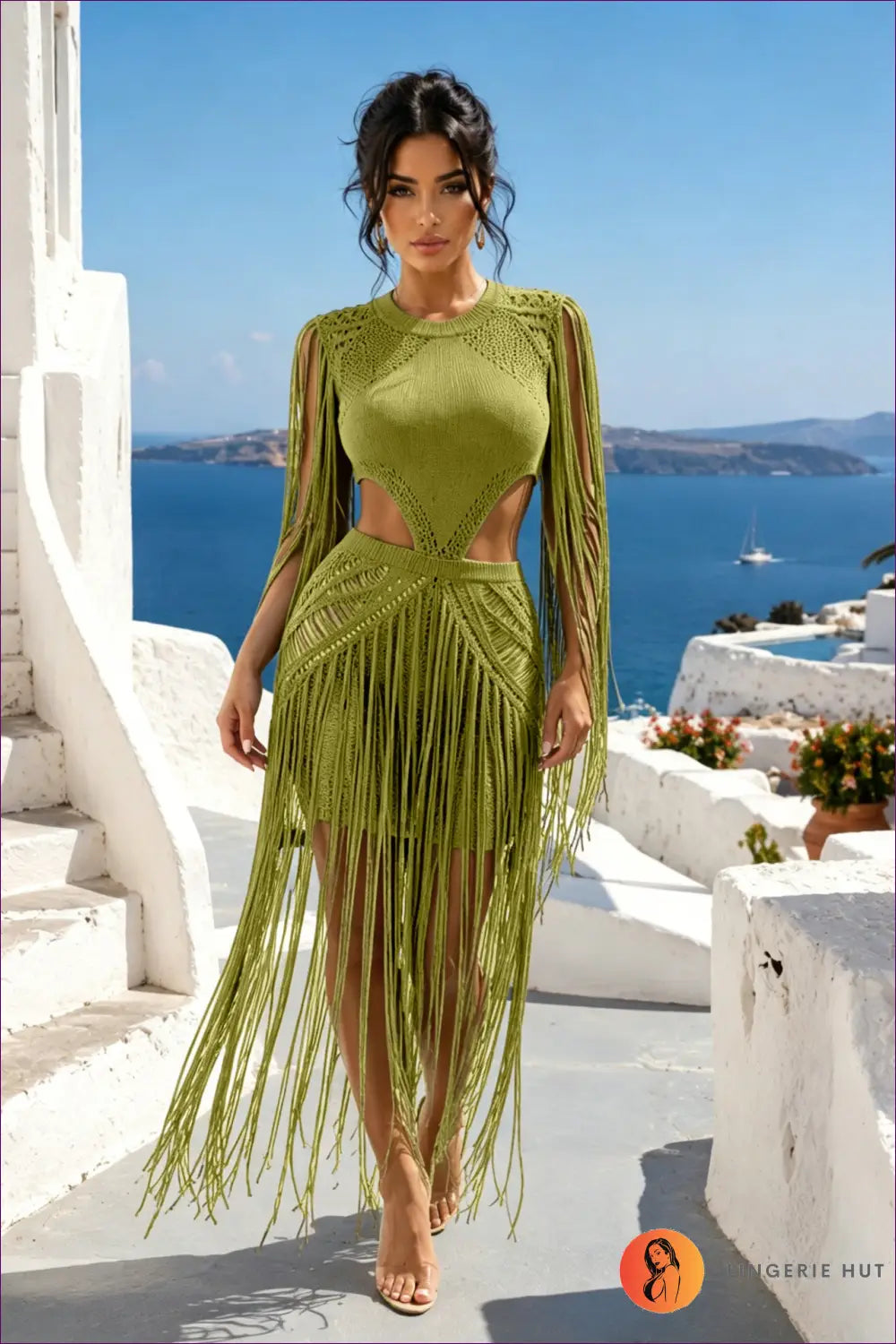 Fringe Knit Dress with Cutout Waist - Statement Evenings - s / Olive Green - Date Night • Dresses • Glamour
