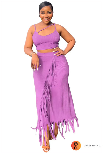Fringed Crop Top & Maxi Skirt co Ord - Boho Summer Ready - s / Purple - Clothing - Lingerie Hut - Beachwear • Casual
