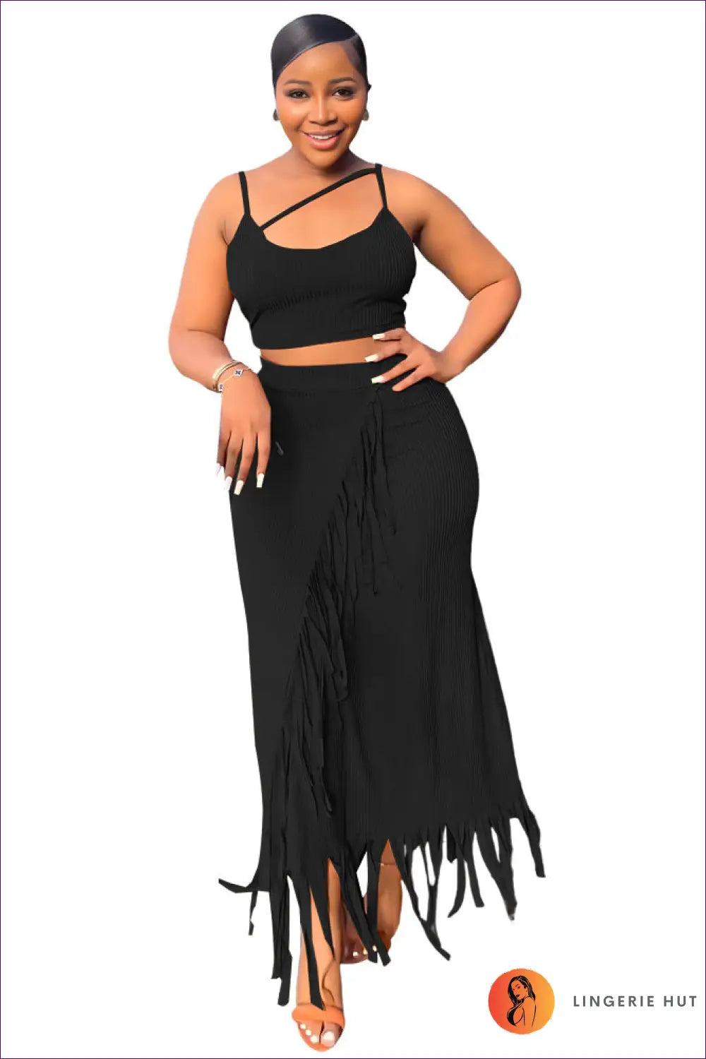 Fringed Crop Top & Maxi Skirt co Ord - Boho Summer Ready - s / Black - Clothing - Lingerie Hut - Beachwear • Casual