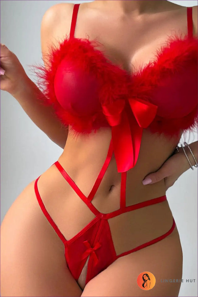 Furry Lingerie Bra Set with Bow & Cut-Outs - Playful Confidence