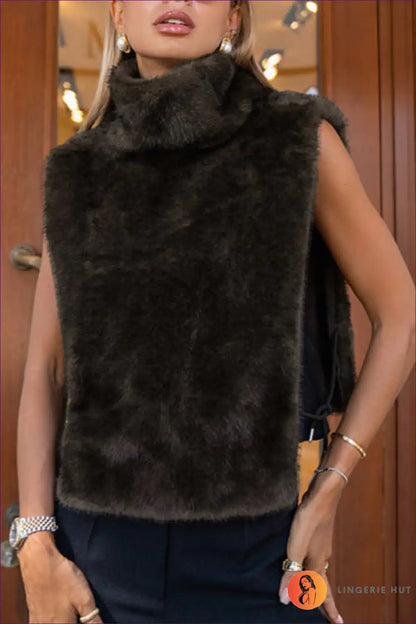 Furry Tie Waist Vest Sleeveless - Short Layered Waistcoat for Autumn, Casual, just In, Outerwear, Polyester
