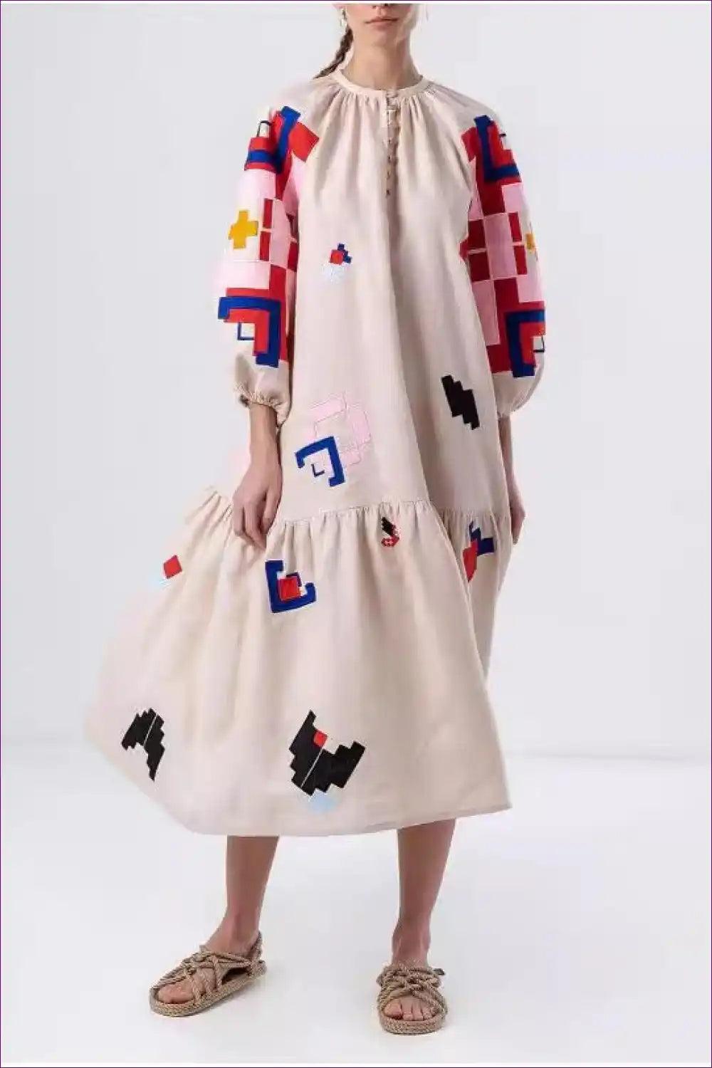 Geometric Print Lantern Sleeve Dress - Bold Moves for a Line, Casual, Dresses, Everyday, Midi